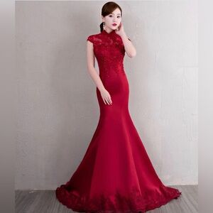 Burgundy fishtail Qipao